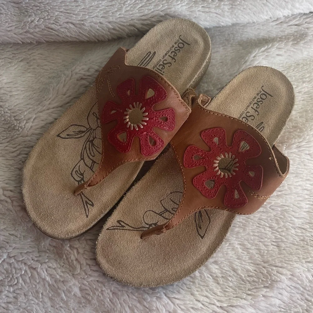 Josef Seibel Natalya 09 leather flower tan red thong sandal